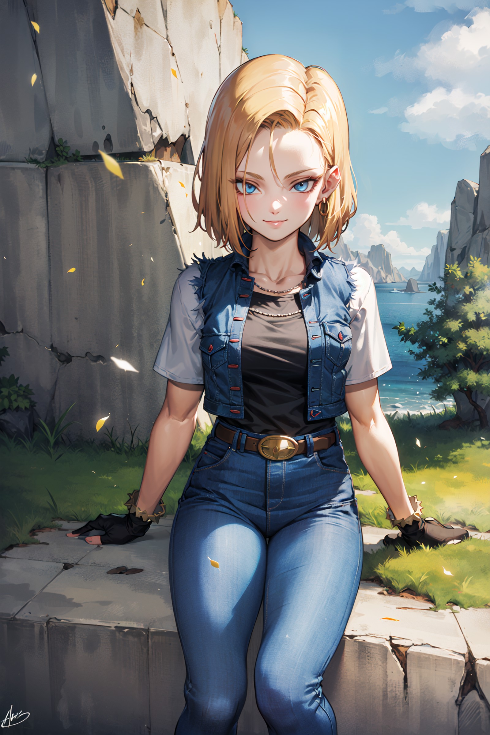 masterpiece, best quality, ultra-detailed, absurdres, Portrait of beautiful Android18DB, solo, earrings, jewelry, denim, s...